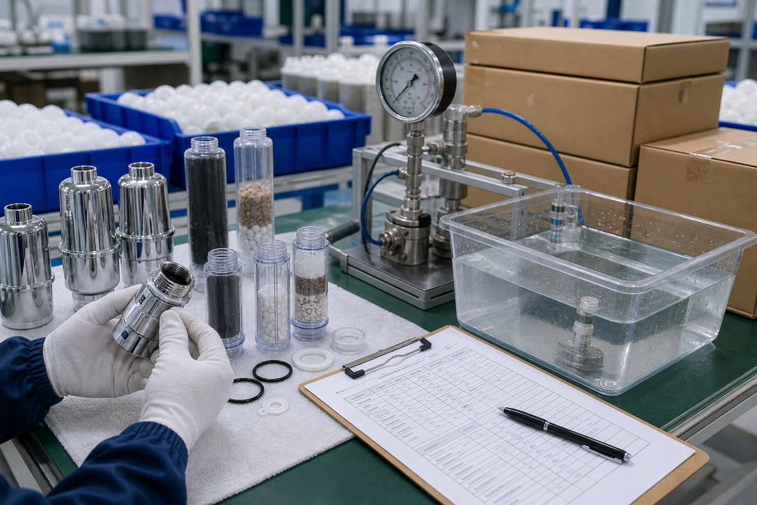 Shower filter quality control and test documentation check