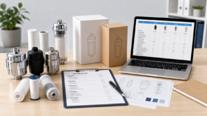 Buyer comparing shower filter supplier samples and private label packaging